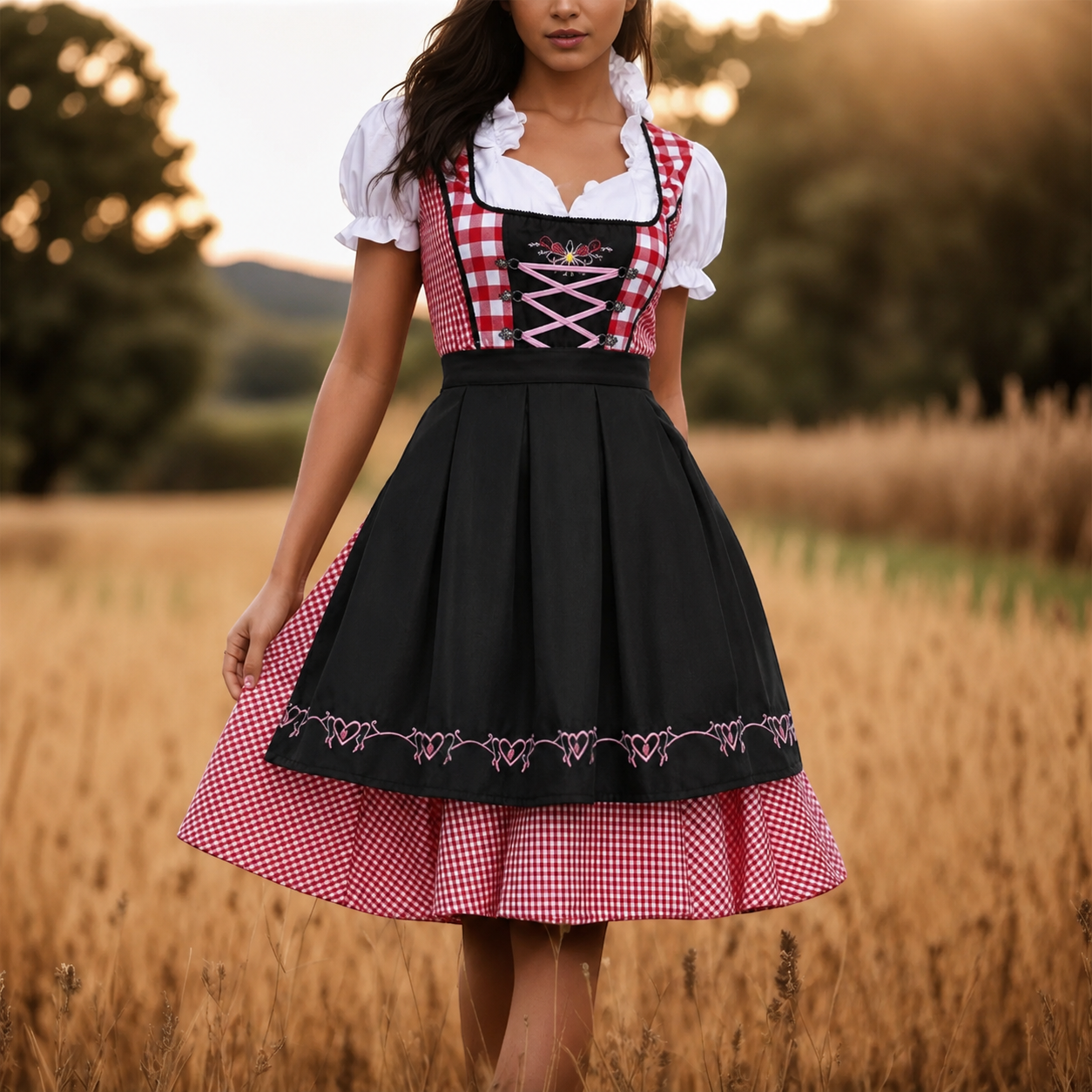 Oktoberfest-Dirndl für Damen mit Karomuster und Schürze