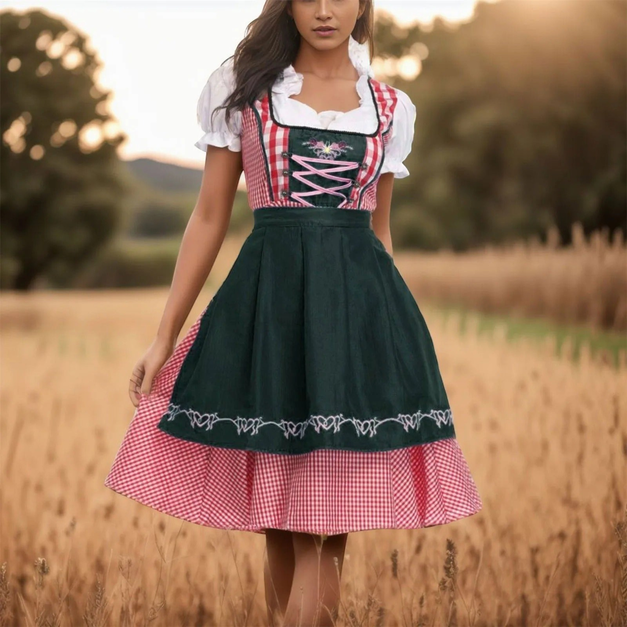 Oktoberfest-Dirndl für Damen mit Karomuster und Schürze