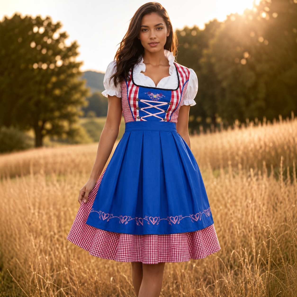 Oktoberfest-Dirndl für Damen mit Karomuster und Schürze