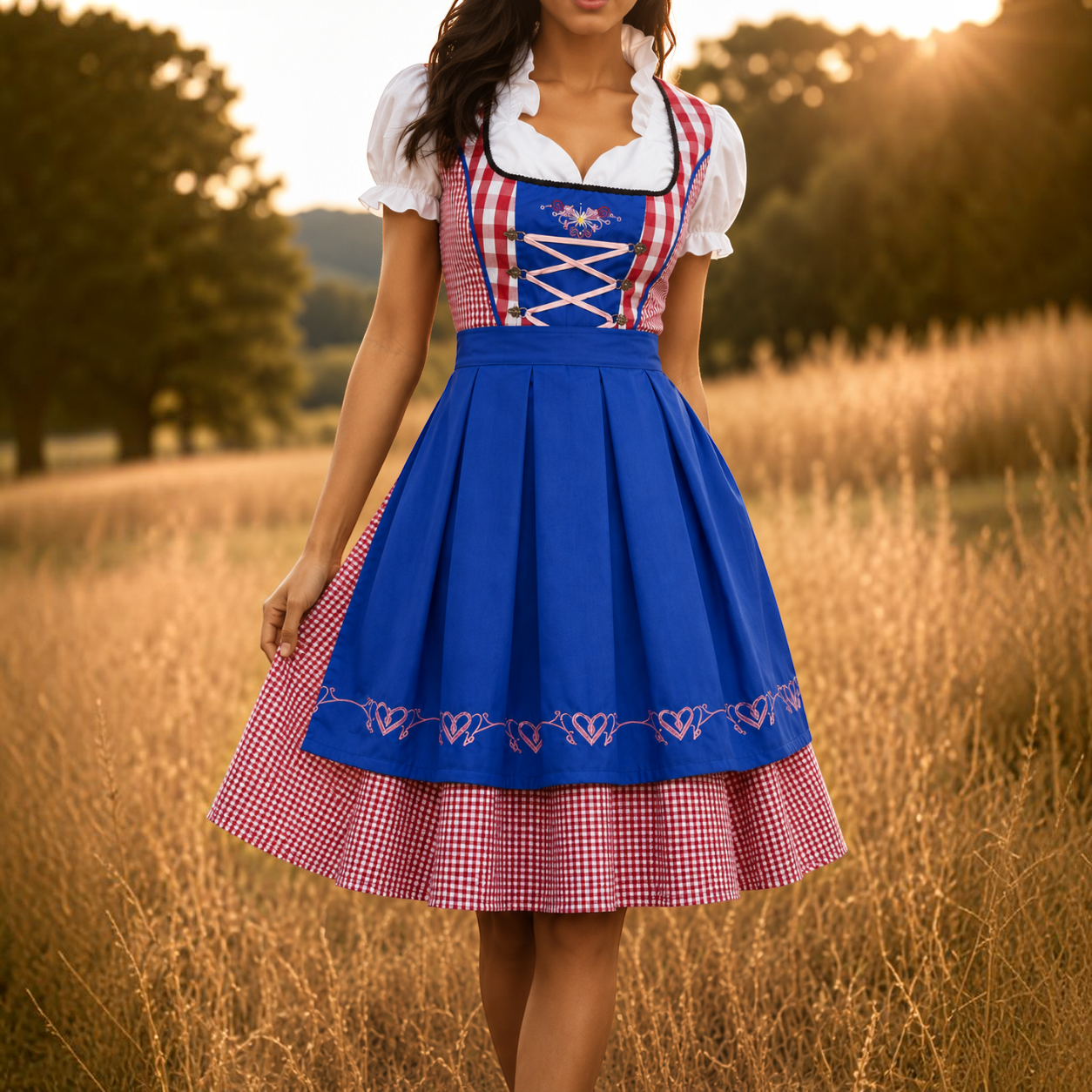 Oktoberfest-Dirndl für Damen mit Karomuster und Schürze